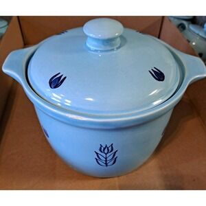 Vtg MCM Cronin Pottery DutchBlue Tulip Pattern Bean‎ Pot Casserole 2 QT Made USA
